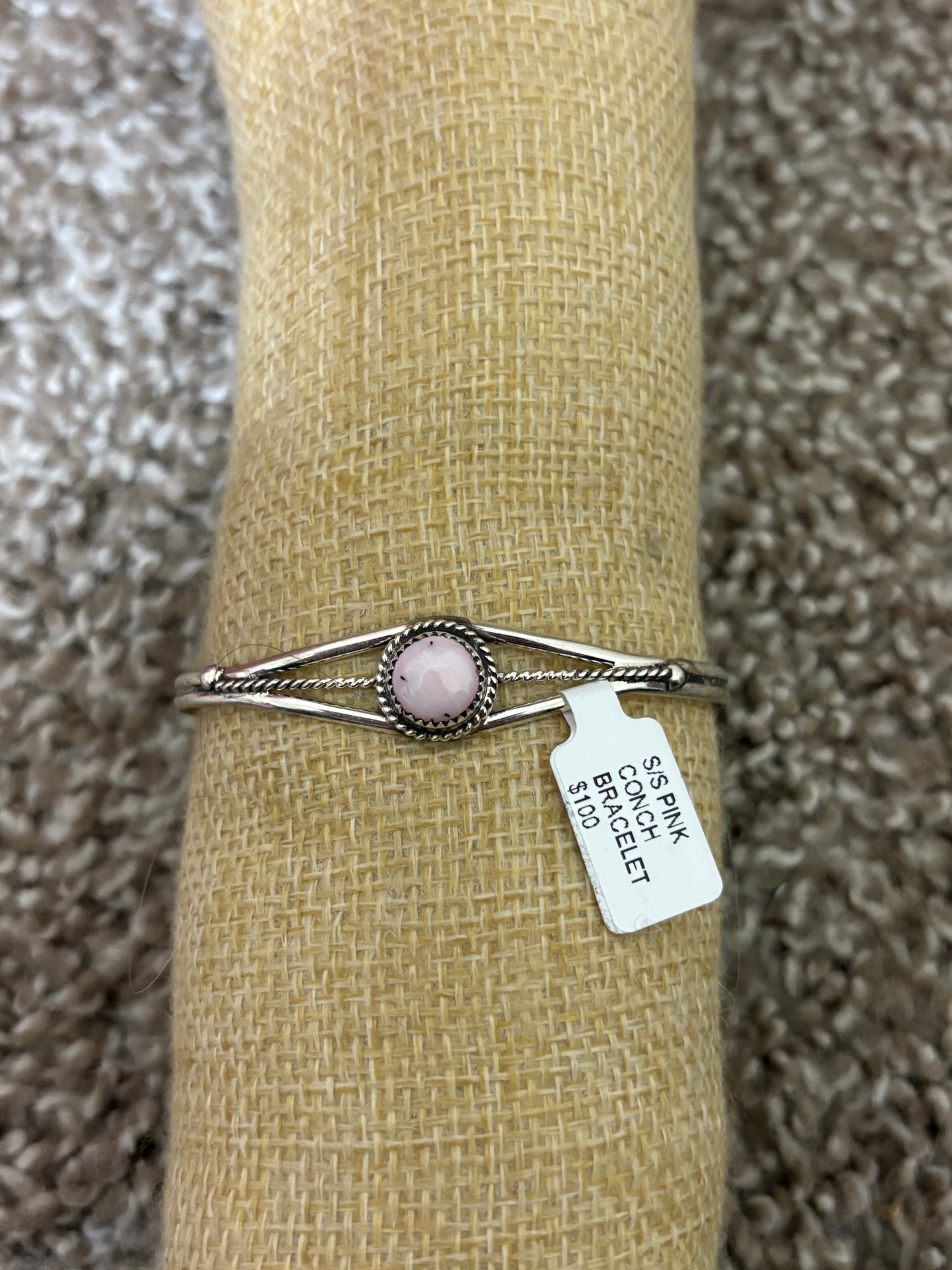 Navajo Handmade Single Stone Pink Conch Cuff