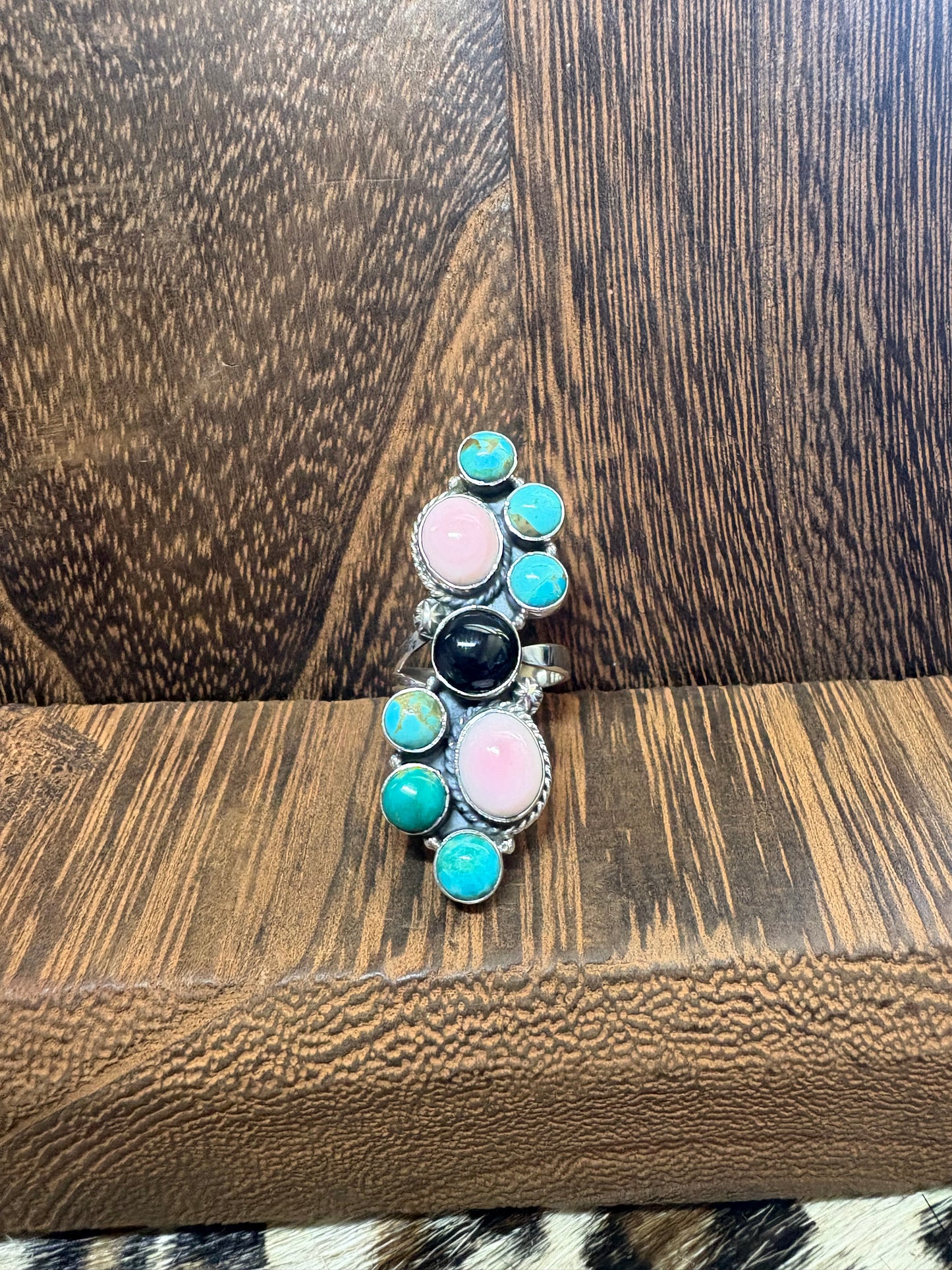 Kingman, Pink Conch, & Black Onyx Cluster Ring