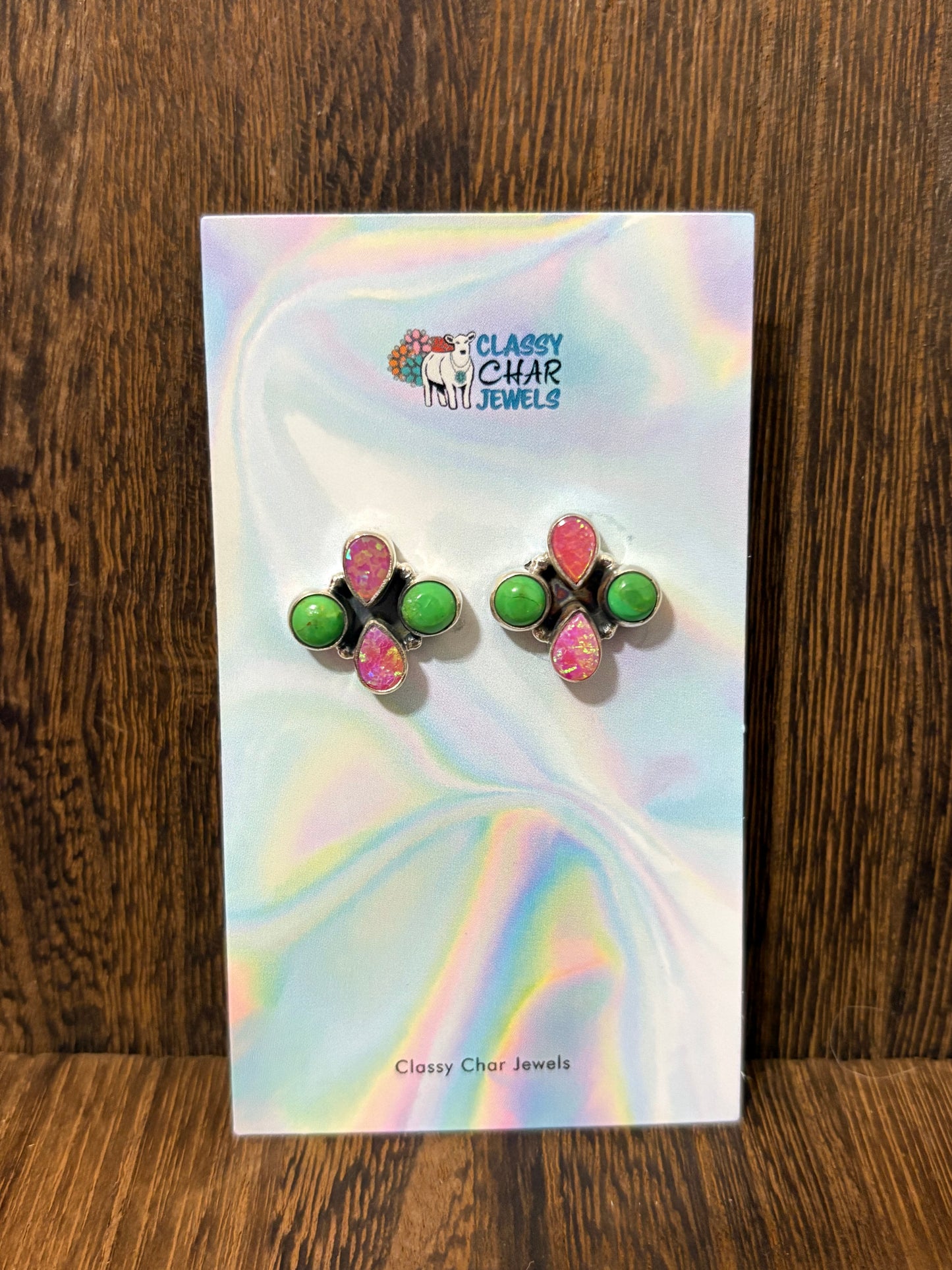 4 Stone Pink Opal and Green Mojave Cluster Earrings