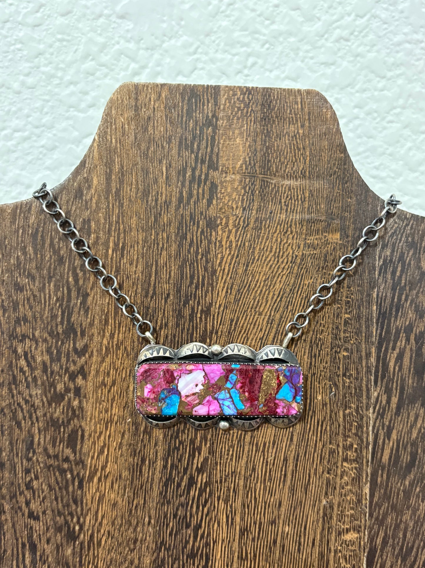 Navajo Handmade Pink Dahlia STATEMENT Bar Necklace