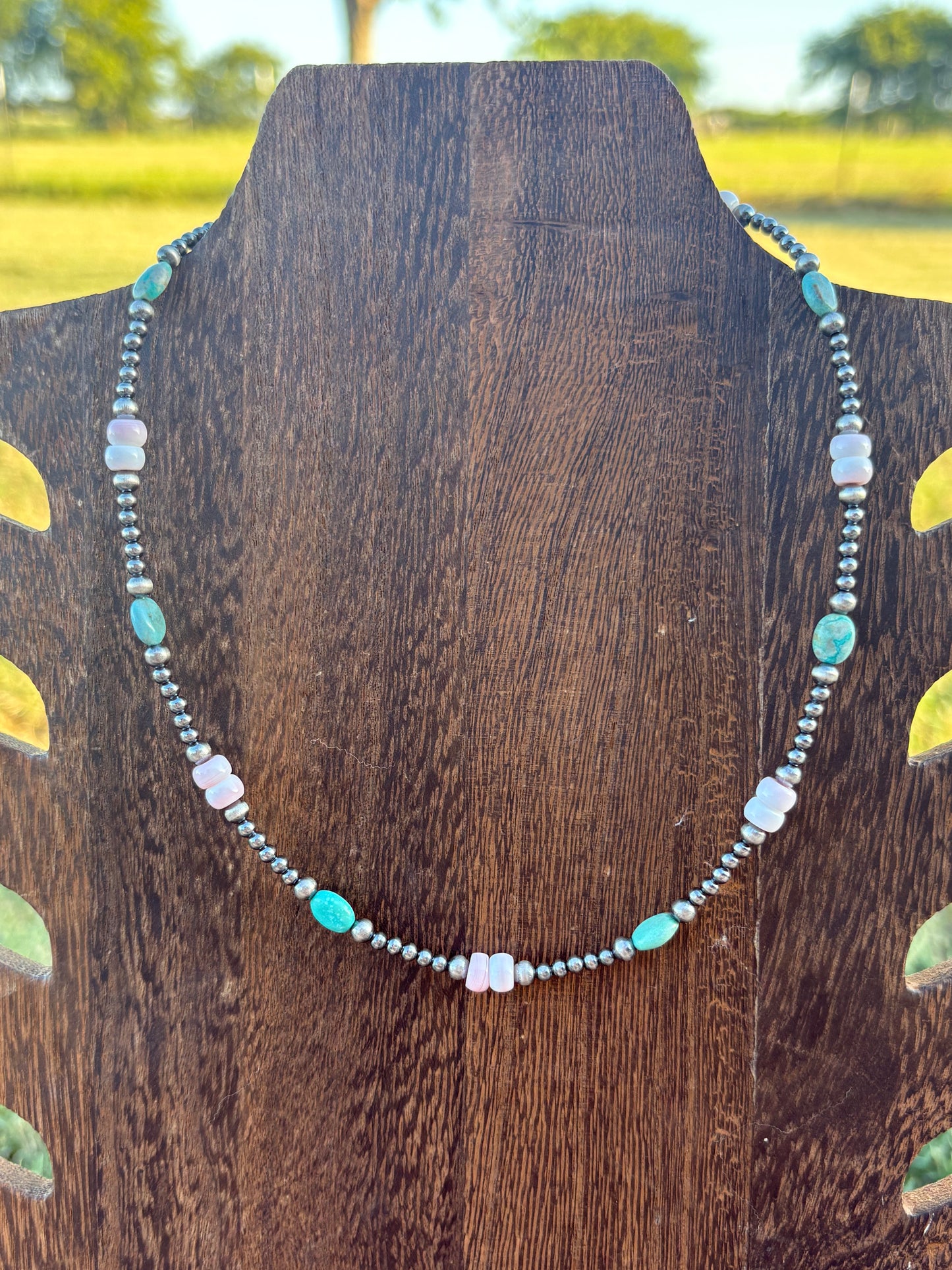 16” + 2” Turquoise Oval, Pink Conch Roundels, & Sterling Pearls