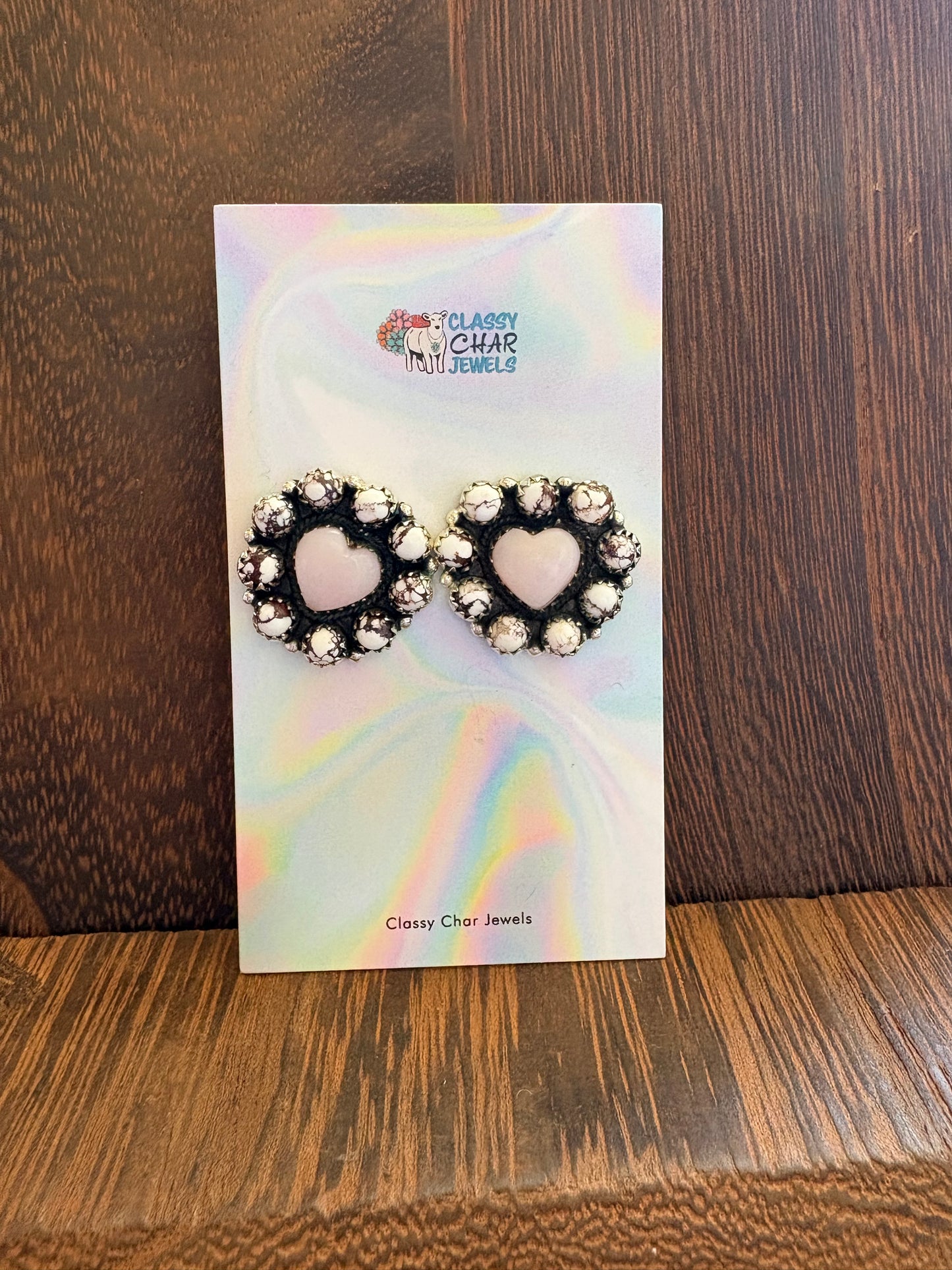 Wild Horse & Pink Opal Heart Cluster Studs