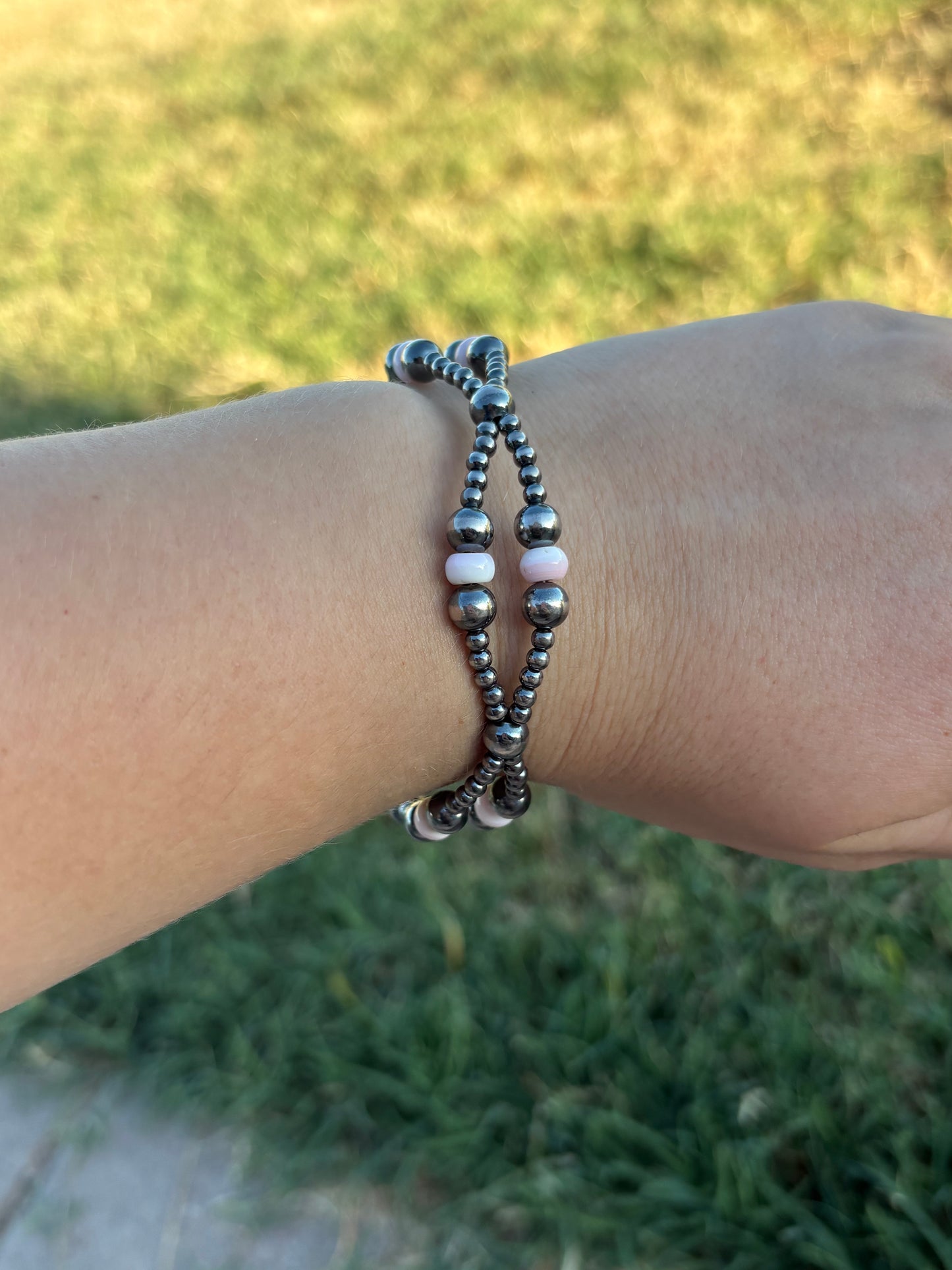 6”-8” Double Strand Pink Conch & Sterling Pearl Clasp Bracelet