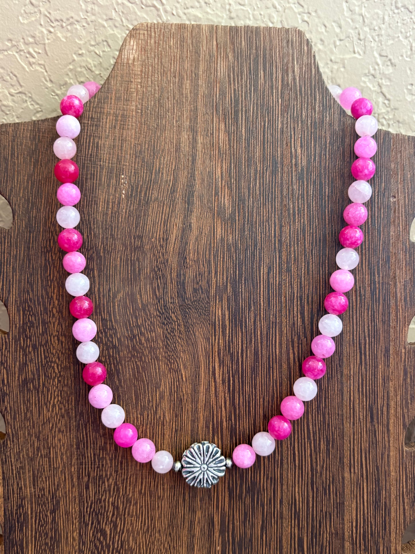 16” Pink Jade & Flower Barrel Bead