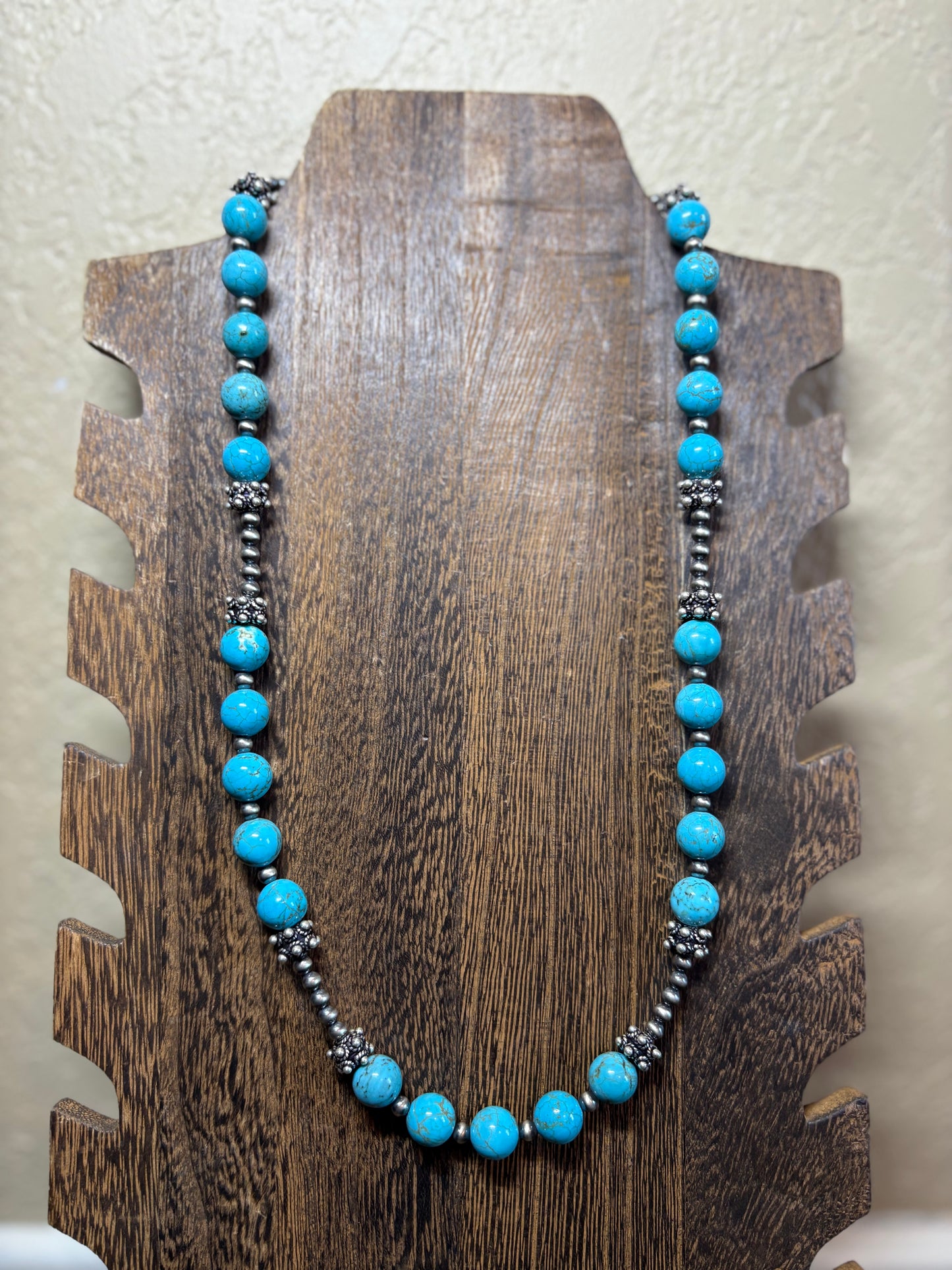 20” + 2” 10mm Kingman & Sterling Detail Bead Necklace