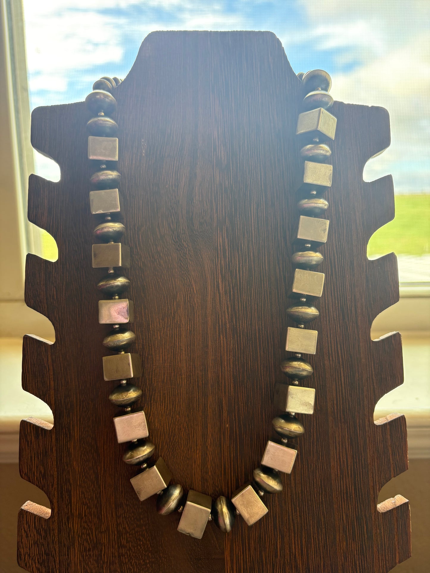 24” Square Barrel Bead & 16mm Saucer Necklace