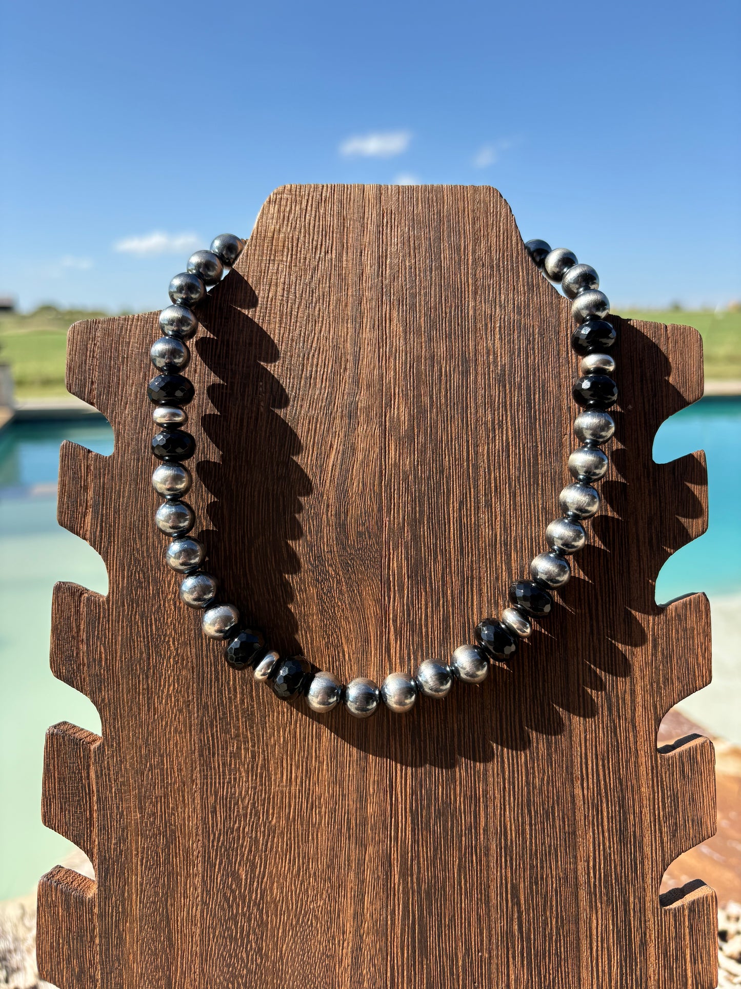14” + 2” 12mm Sterling Pearls & Onyx