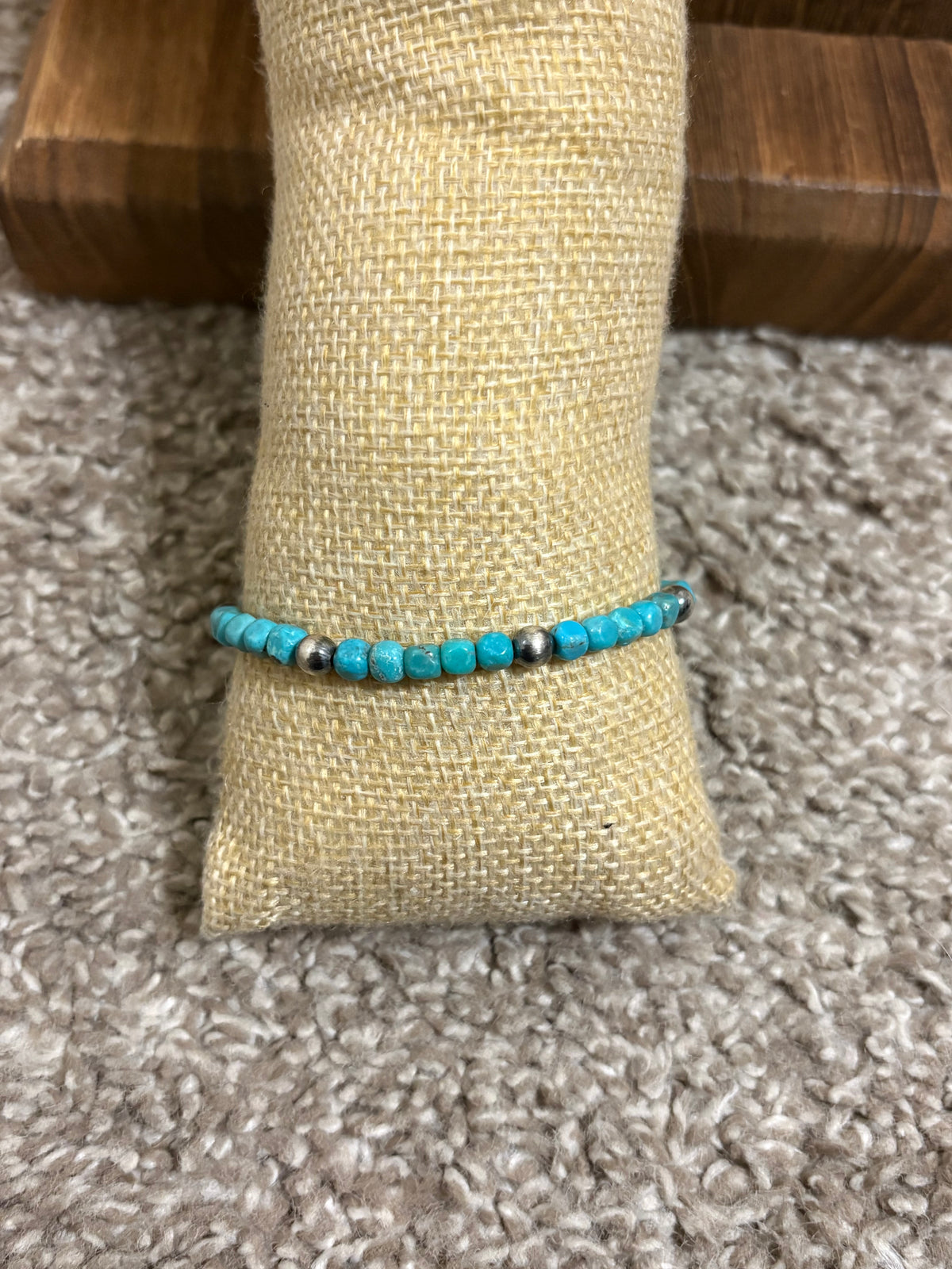 Turquoise Cubes & Sterling Silver Pearl Stretch Bracelet