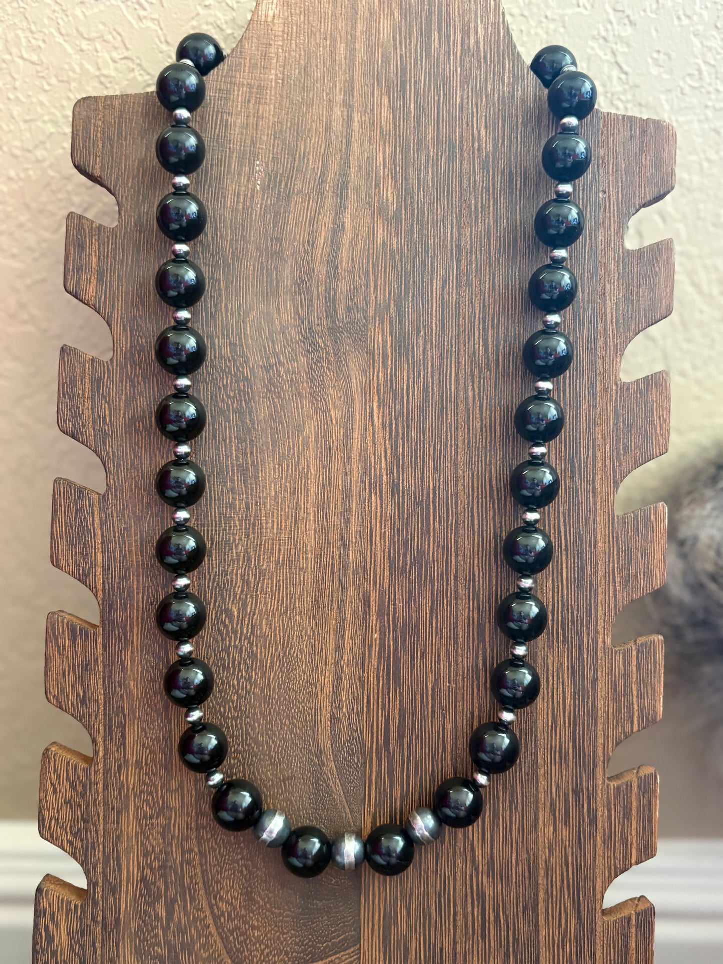 24” + 2” 12mm Black Onyx w/ 4mm & 10mm Sterling Pearls