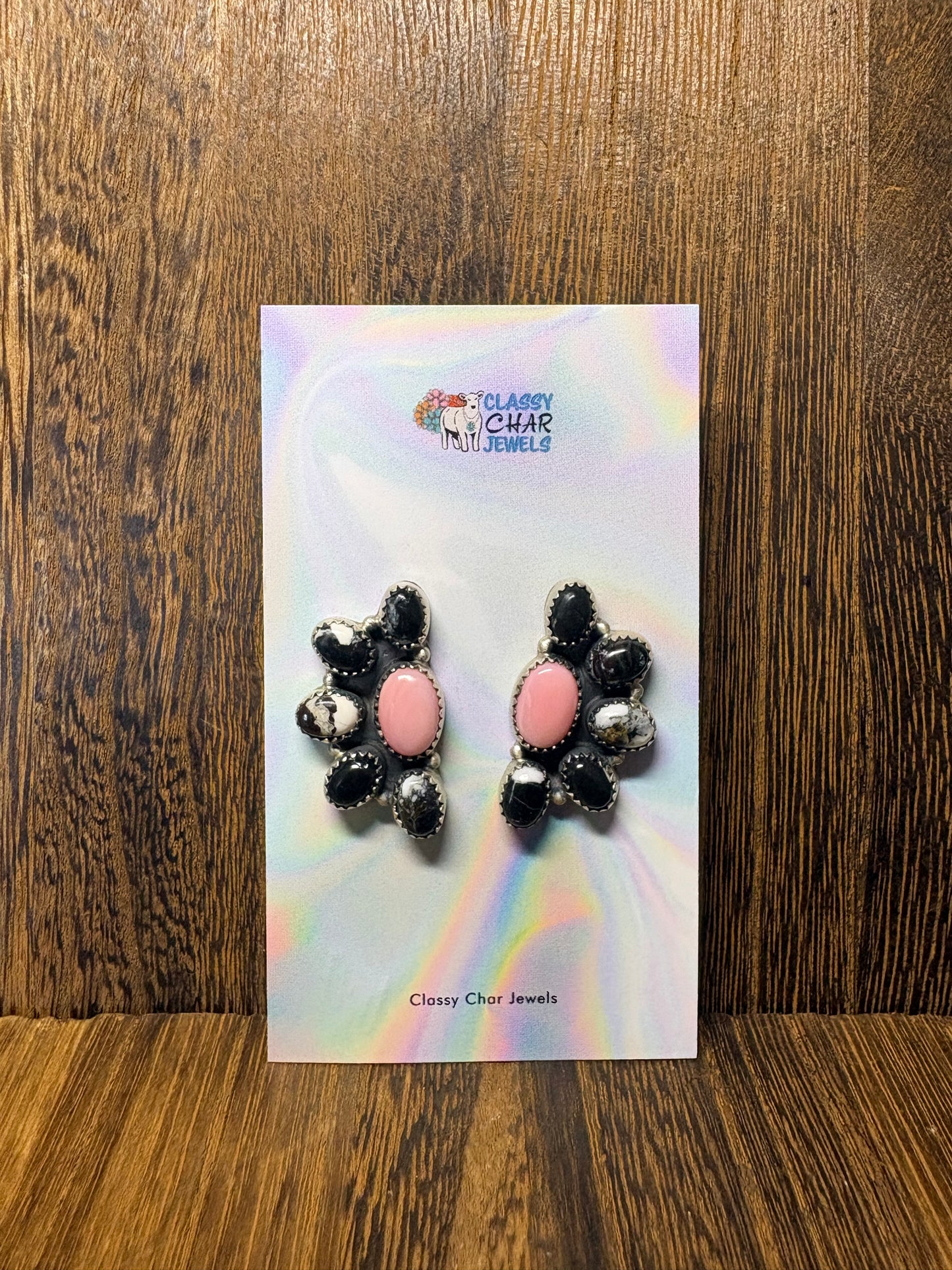 White Buffalo & Pink Conch Half Cluster Studs