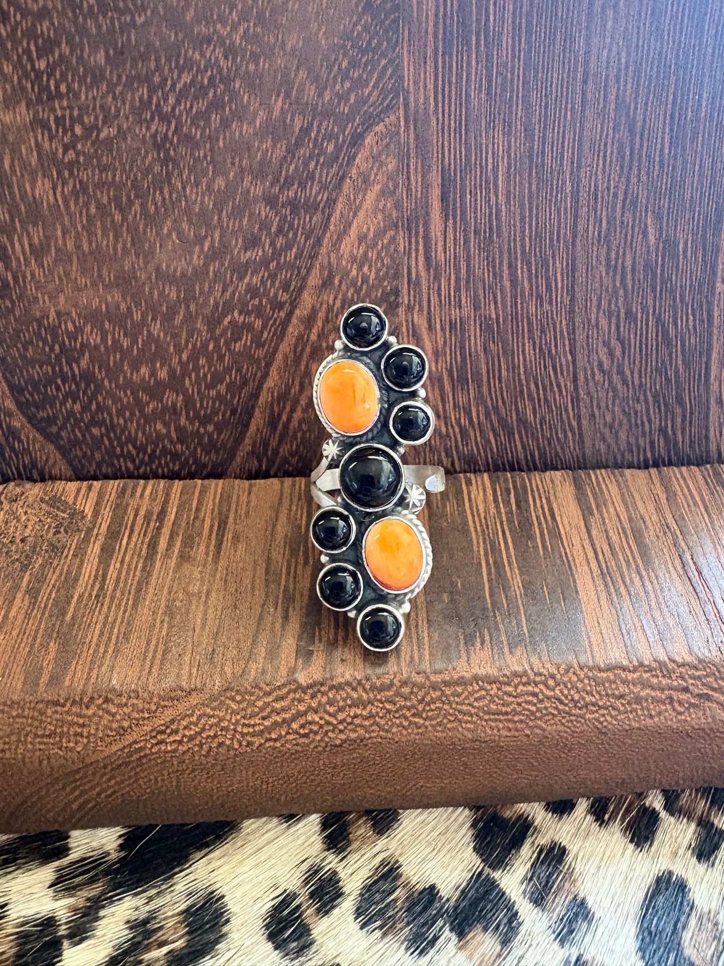 OSU Ring- Black Onyx & Orange Spiny Cluster Ring