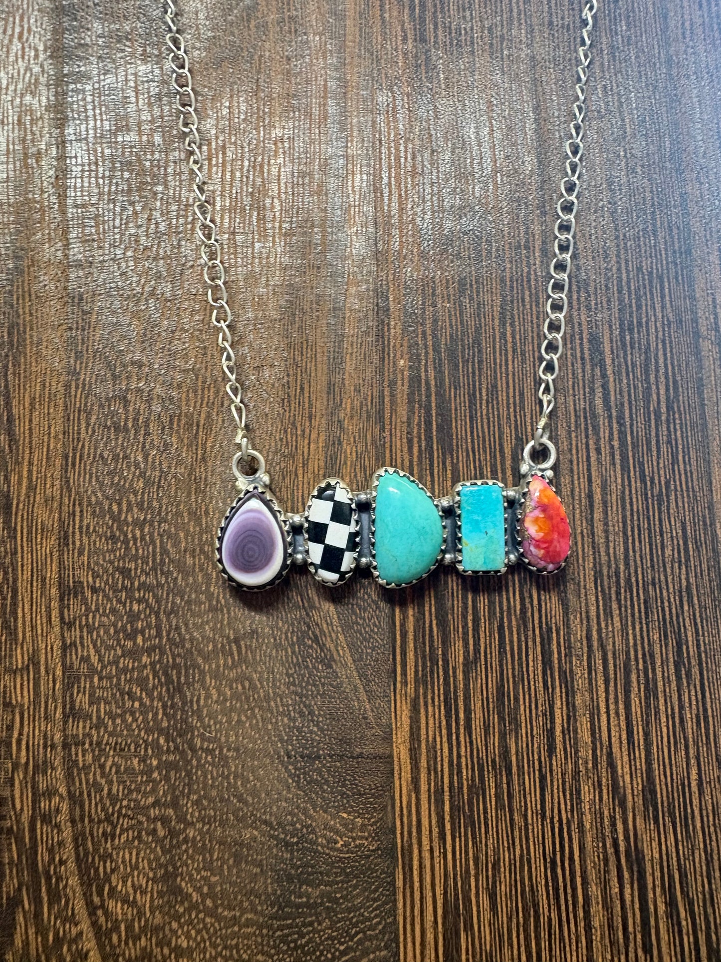 Funky Mix Stone 5 Stone Bar Necklace