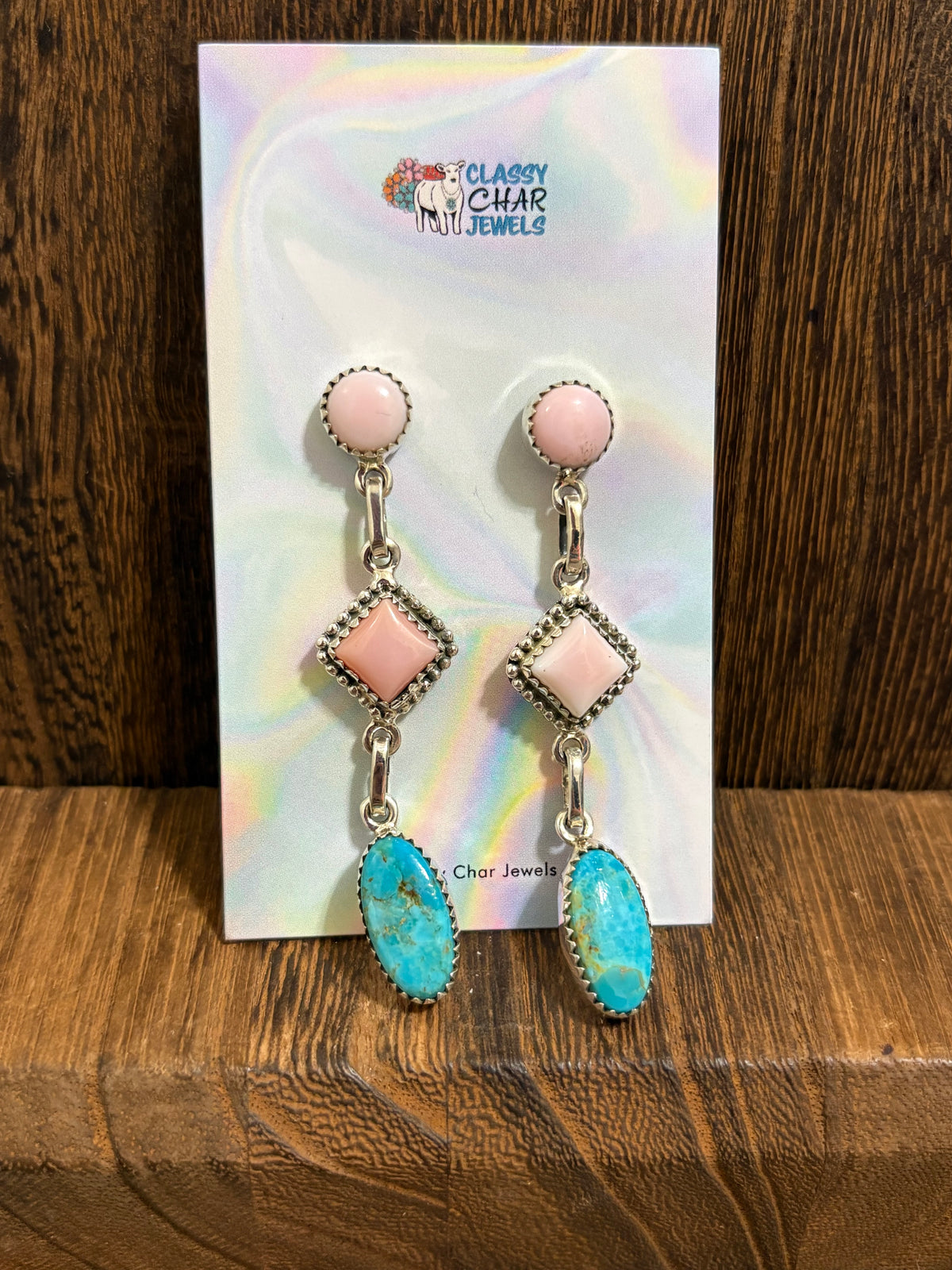 Pink Conch & Kingman 3 Stone Dangle Studs