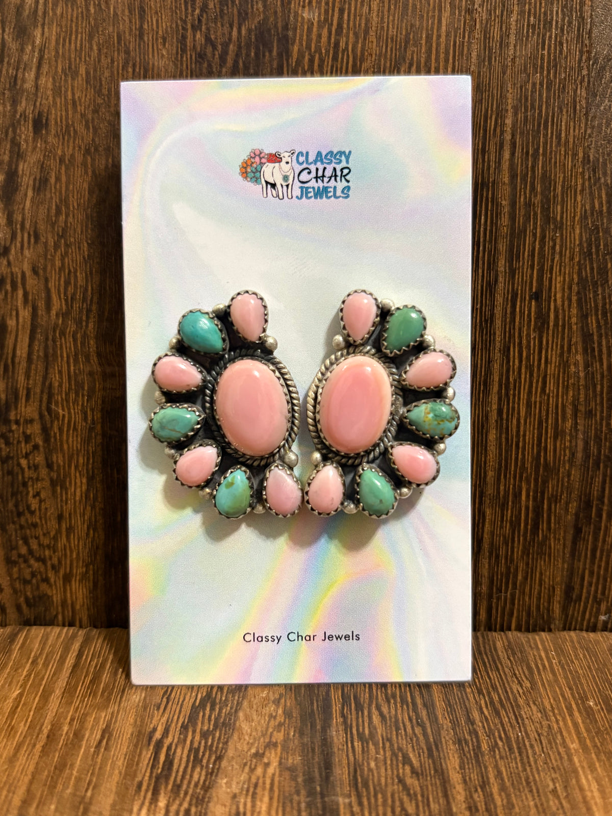 XL Kingman & Pink Conch Half Cluster Earrings