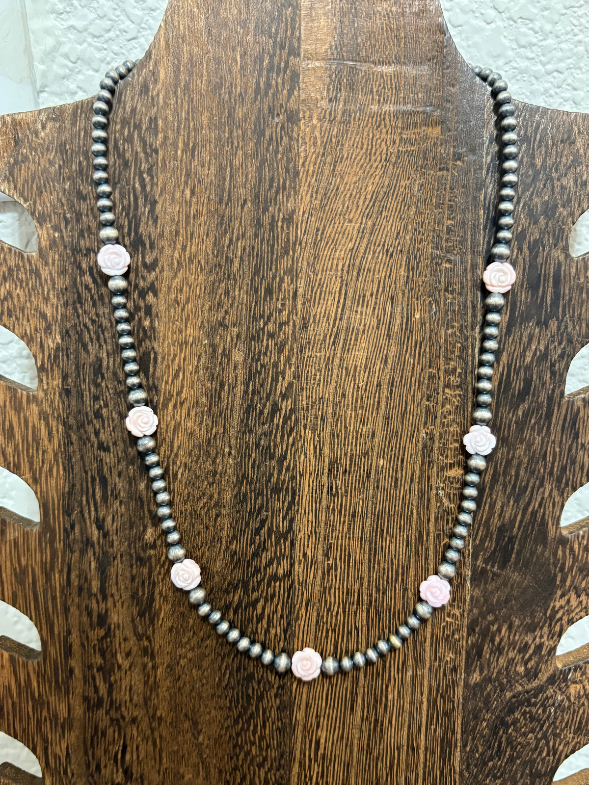 18” + 2” Pink Conch Rose & Sterling Pearl Necklace