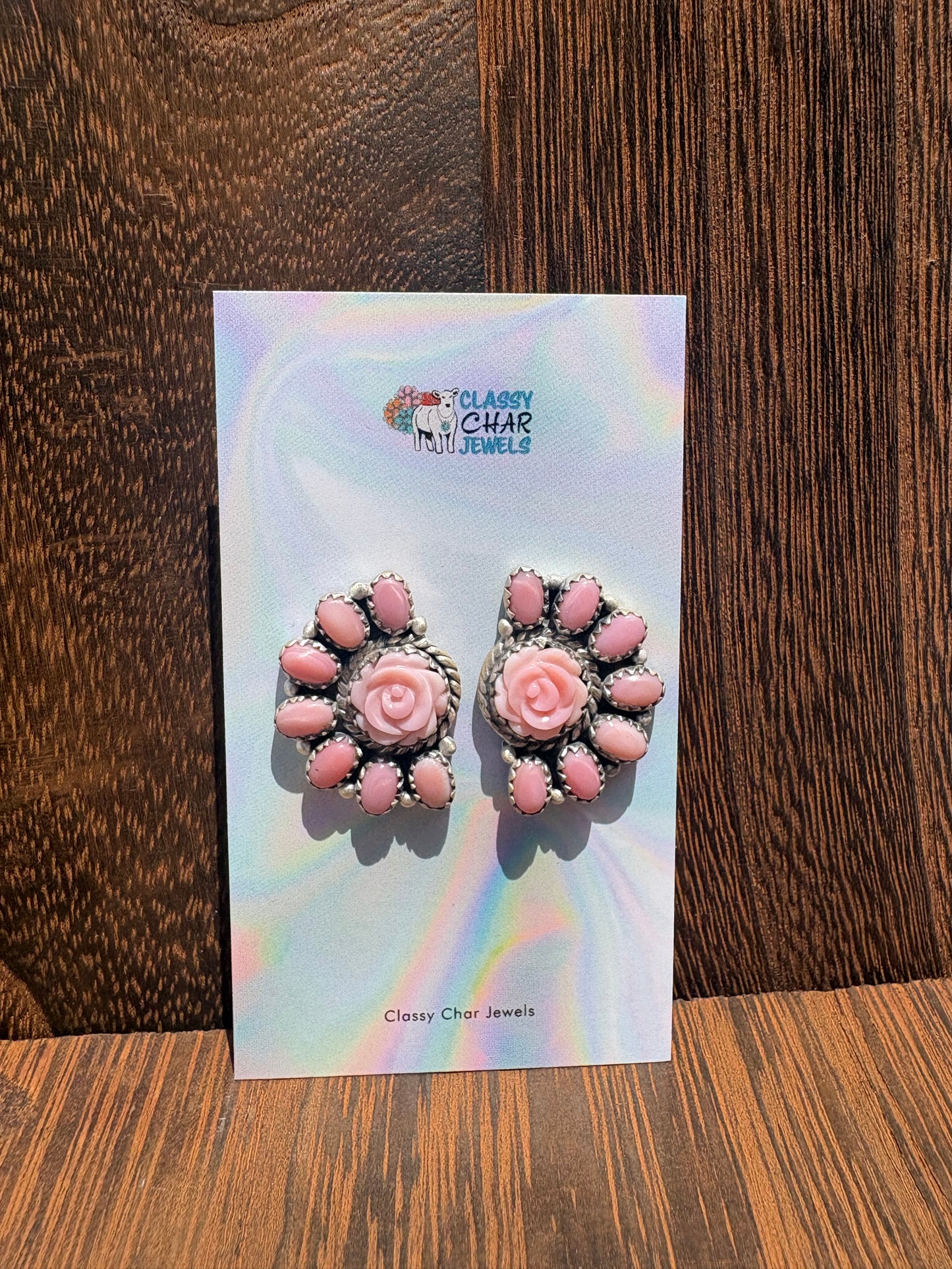 All Pink Conch Rose Half Cluster Studs