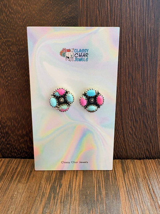 Cotton Candy 4 Stone Round Cluster Studs