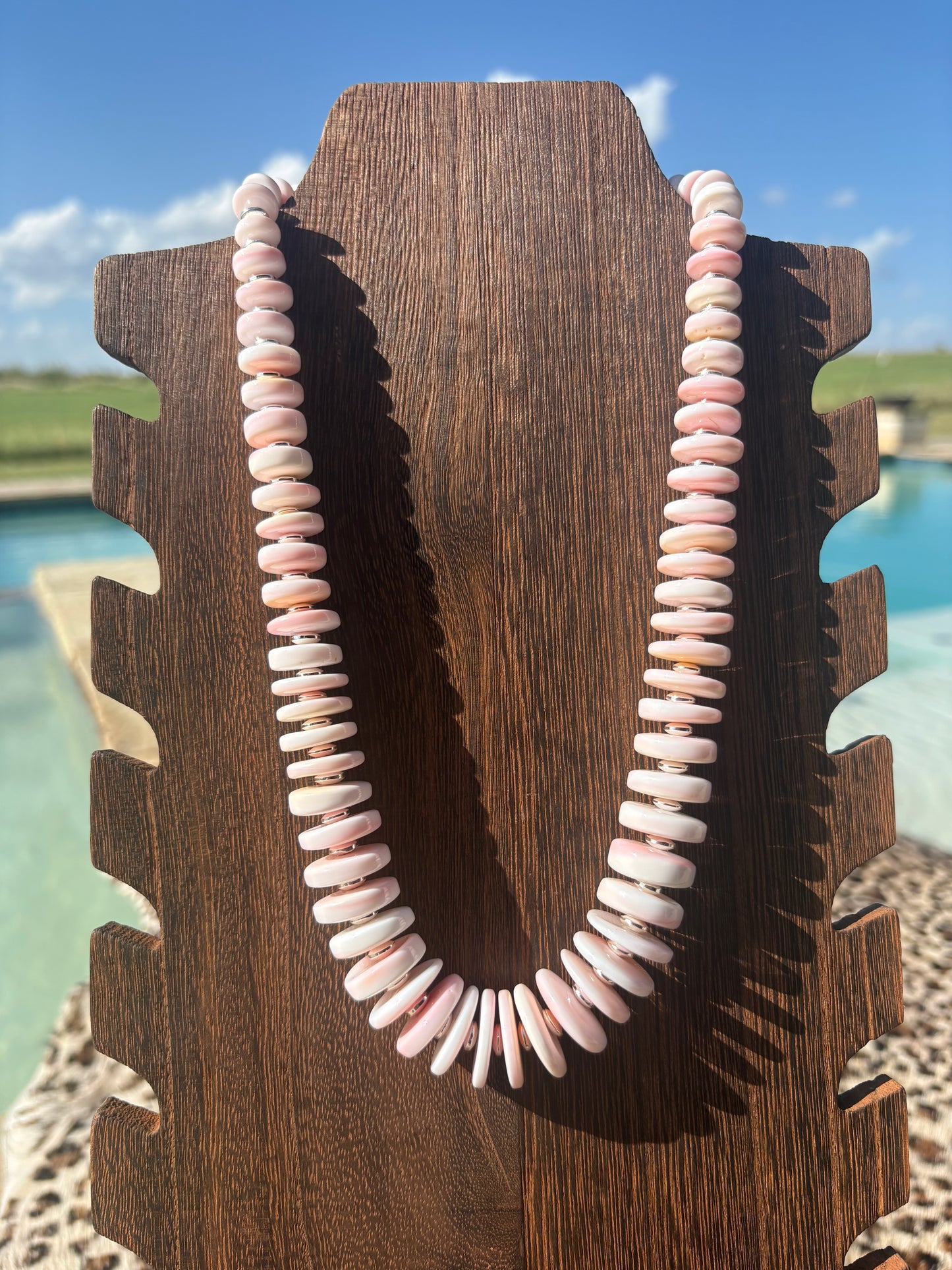 24” CHUNKY Graduated Pink Conch & Sterling Saucer Necklace