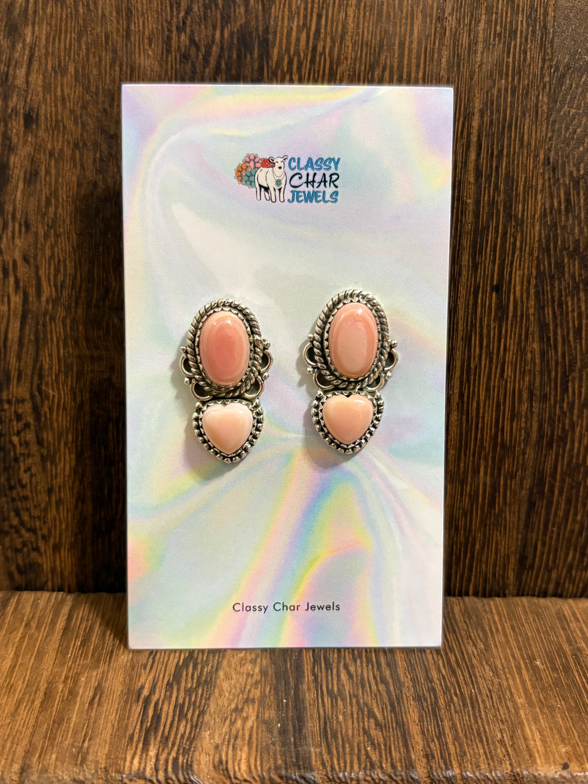Pink Conch 2 Stone Heart Studs