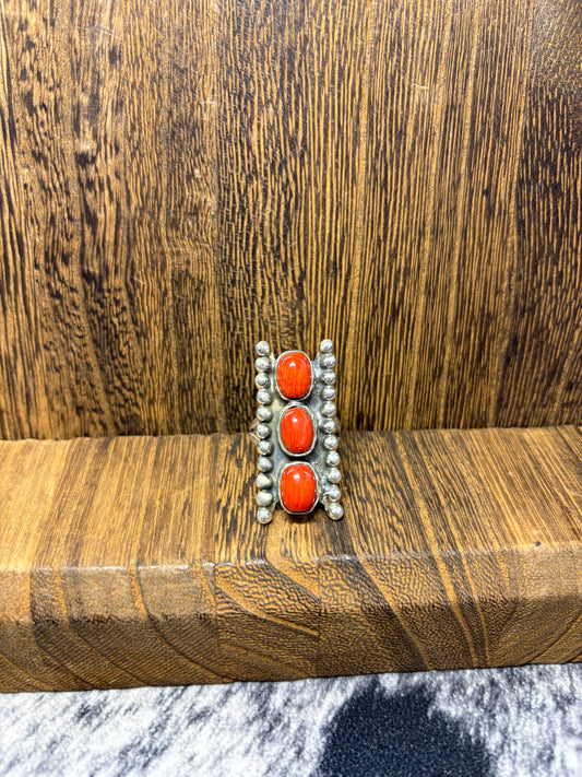 Red Spiny 3 Stone Ring
