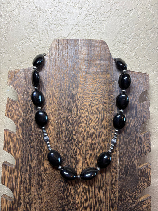 16” + 2” 20mm Onyx Ovals & Sterling Melon Necklace