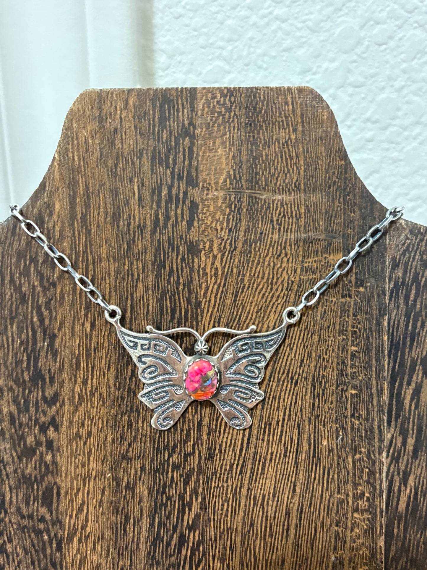Pink Dahlia Butterfly Necklace