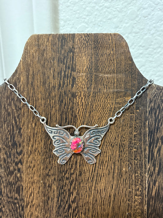 Pink Dahlia Butterfly Necklace