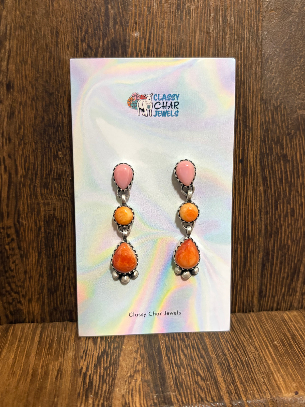 Pink Conch, Orange Spiny, & Red Spiny 3 Stone Studs Dangles