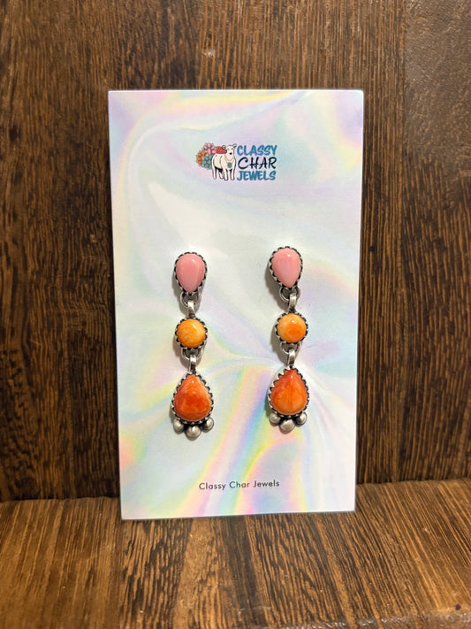 Pink Conch, Orange Spiny, & Red Spiny 3 Stone Studs Dangles