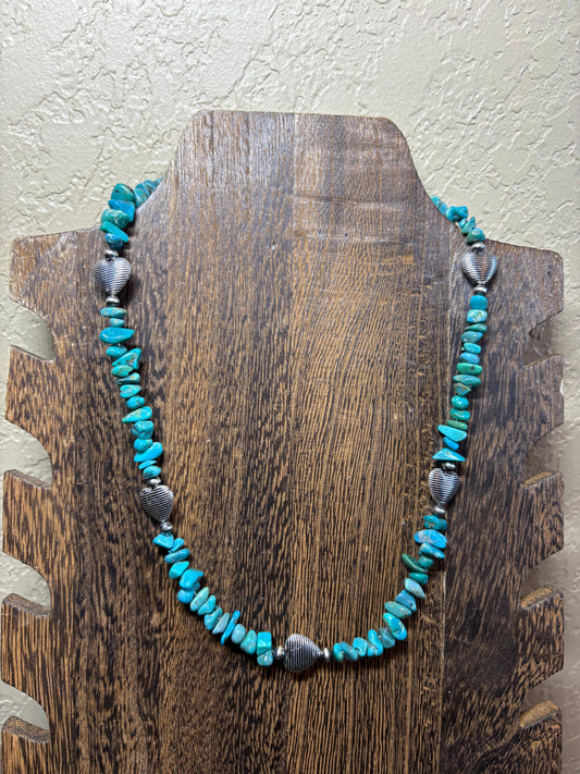 17” Turquoise Chip & Sterling Heart Necklace