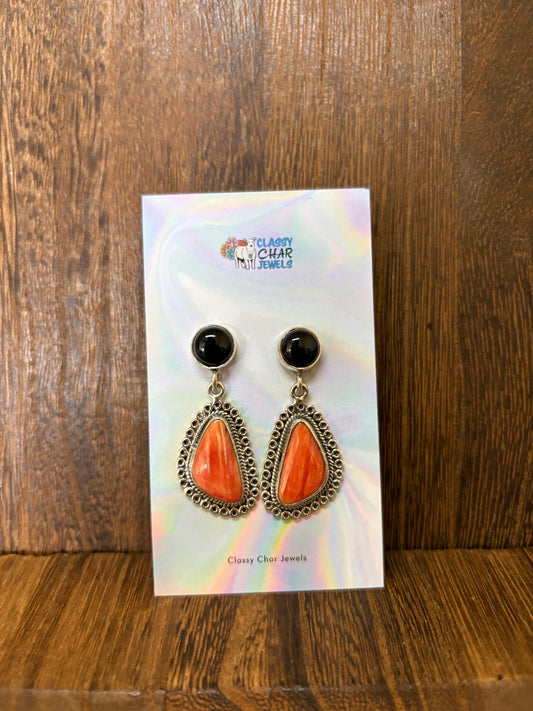 Orange Spiny & Black Onyx 2 Stone Earrings