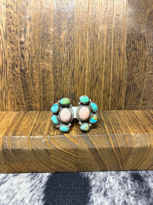 Hada Kingman & Pink Conch Double Half Cluster Ring