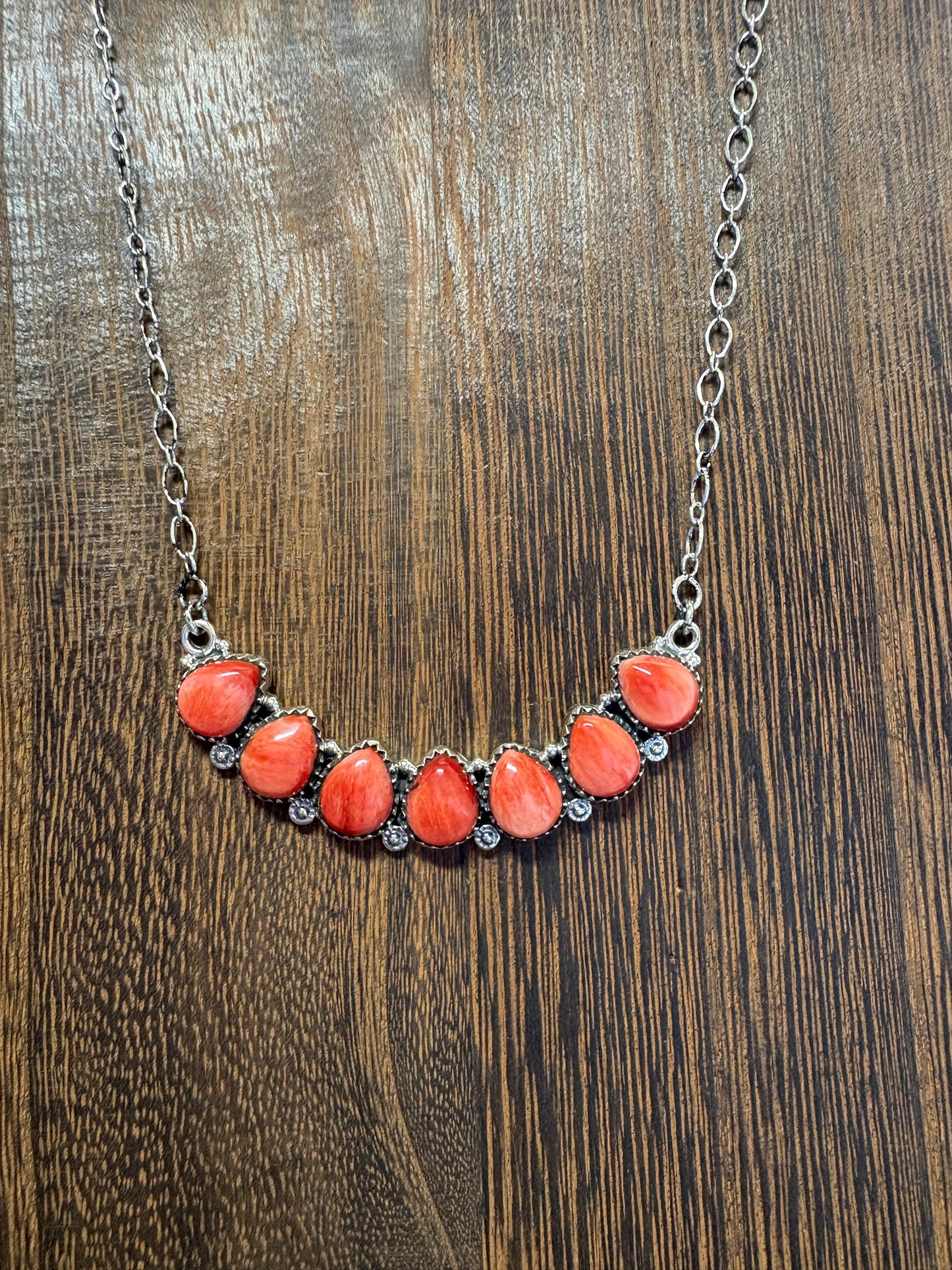 Red Spiny Large 7 Stone Bar Necklace