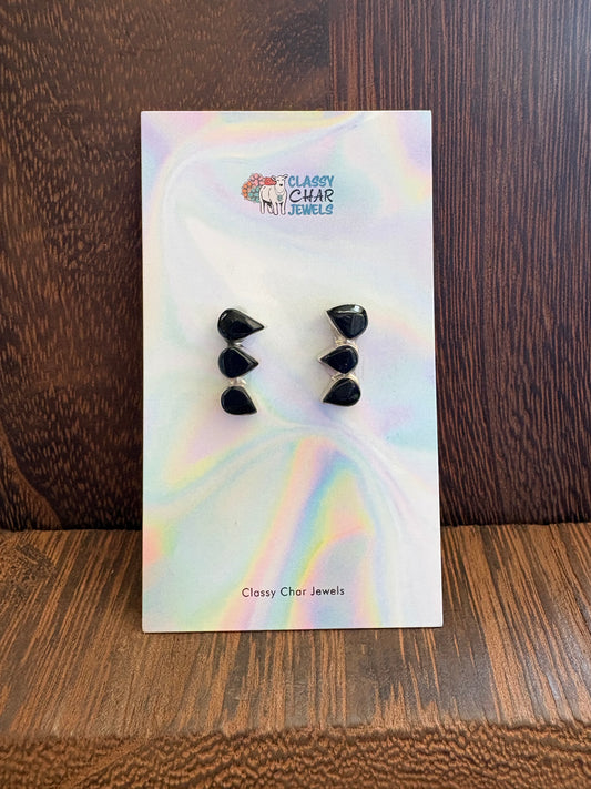 Black Onyx 3 Stone Crawler Earrings