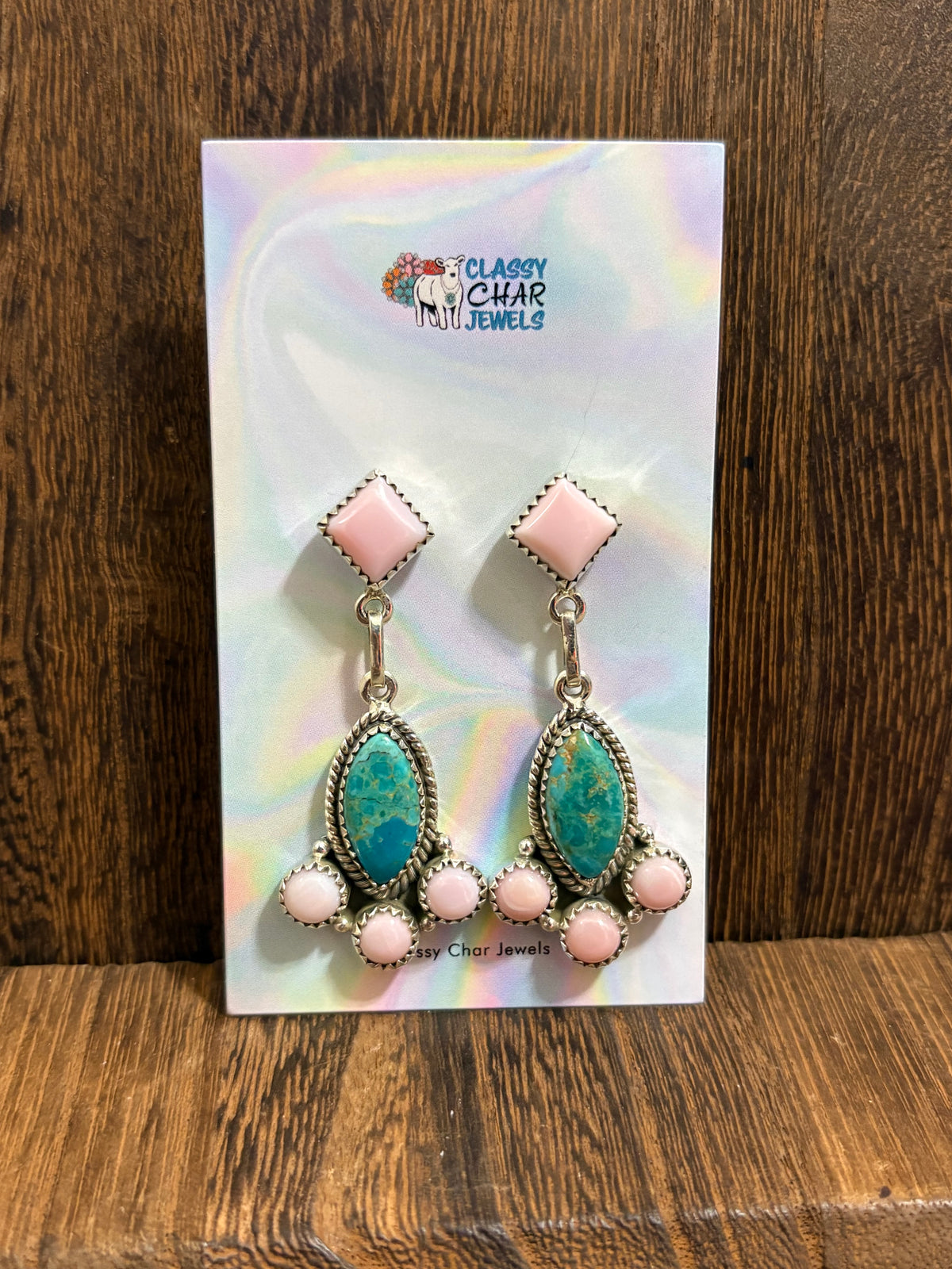 Pink Conch & Kingman 5 Stone Cluster Dangle Studs