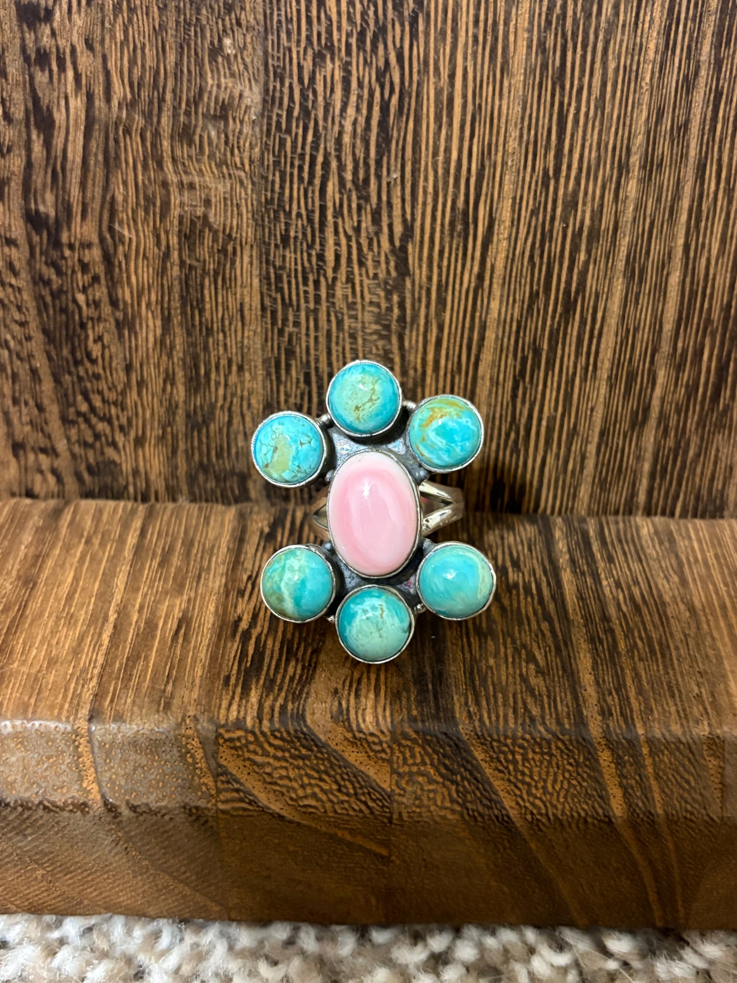 Turquoise and Pink Conch Cluster Ring