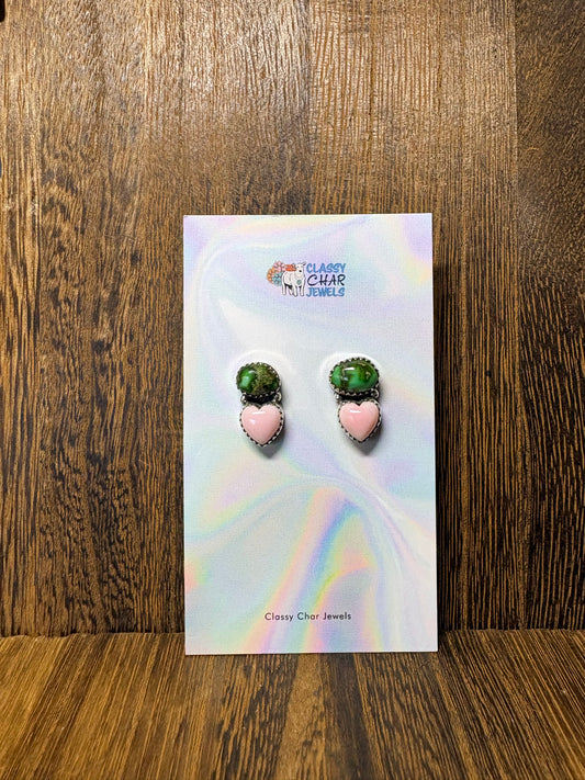 Sonoran Gold & Pink Conch Heart Double Stone Studs