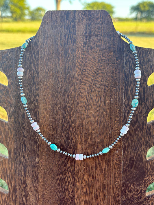 16” + 2” Turquoise Oval, Pink Conch Roundels, & Sterling Pearls