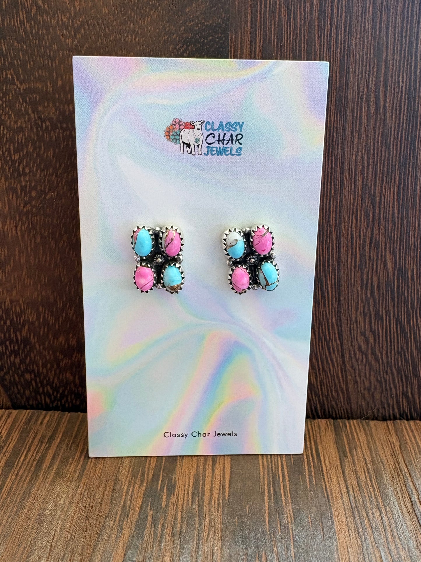 Cotton Candy 4 Stone Square Cluster Studs