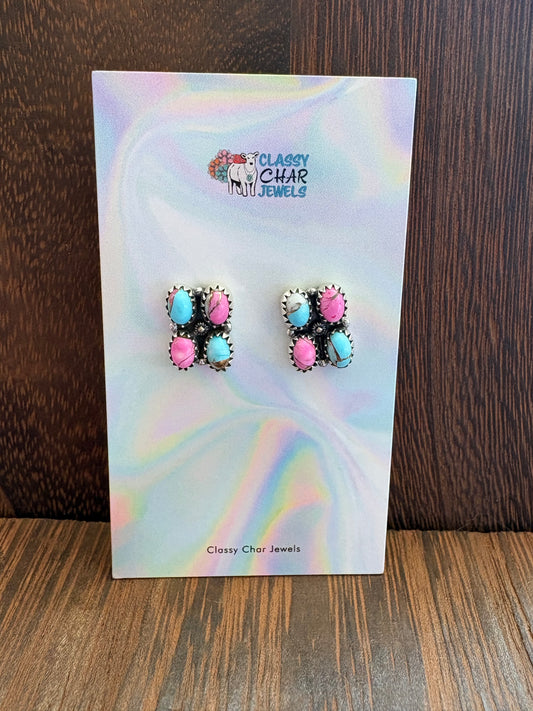 Cotton Candy 4 Stone Square Cluster Studs