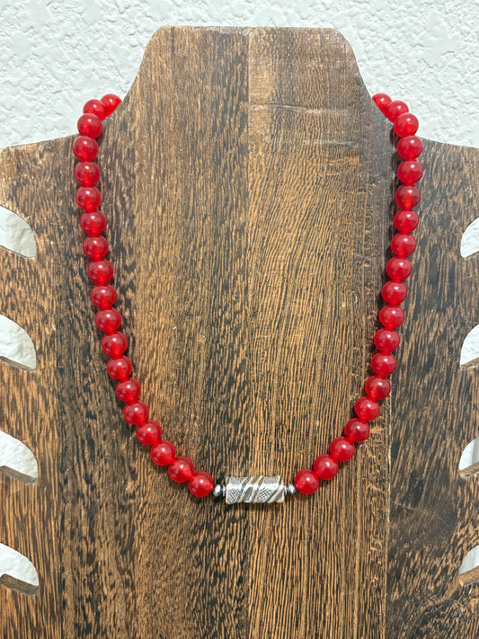 16” Red Jade Barrel Bead Necklace