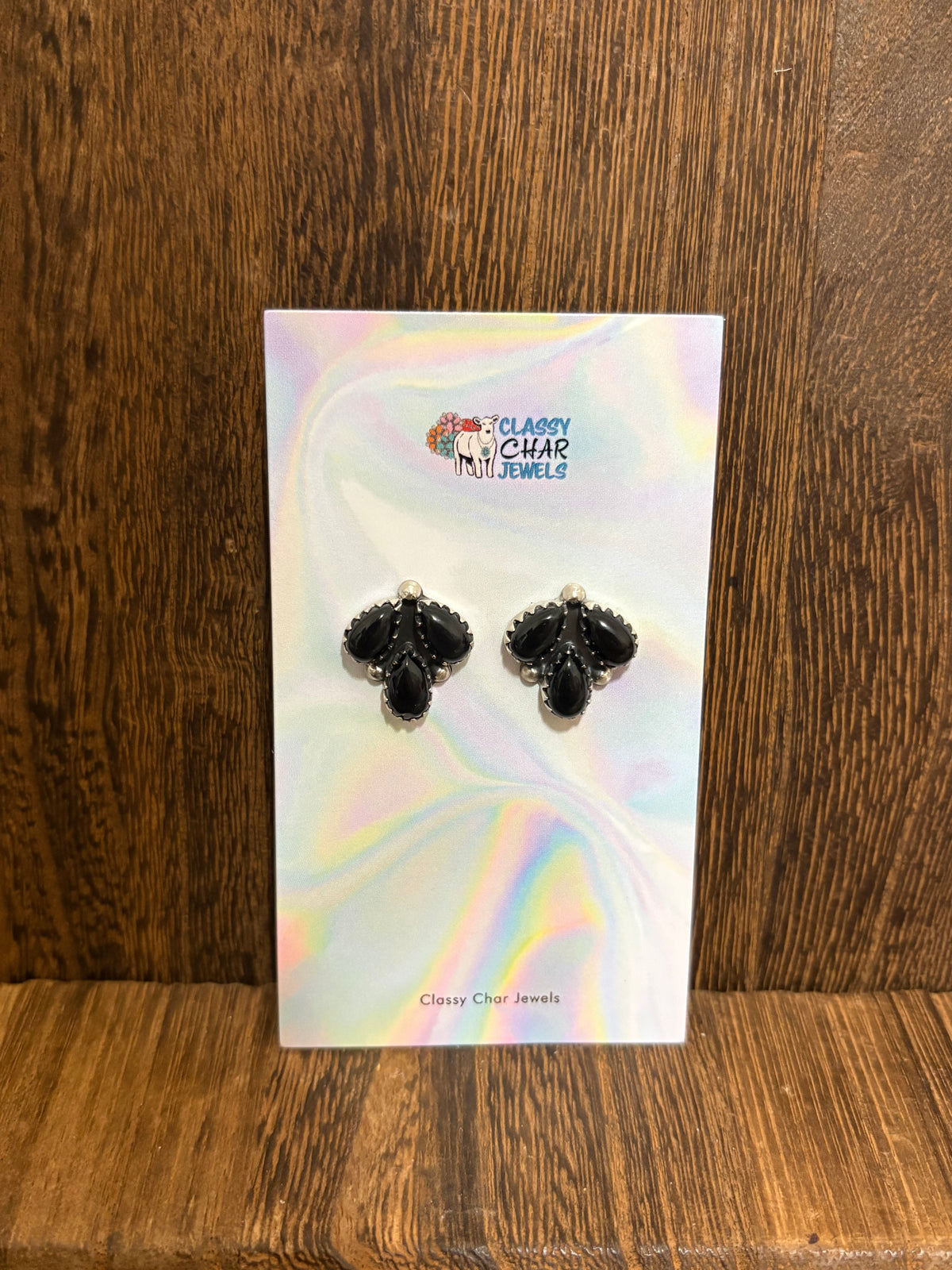 Black Onyx 3 Stone Cluster Studs