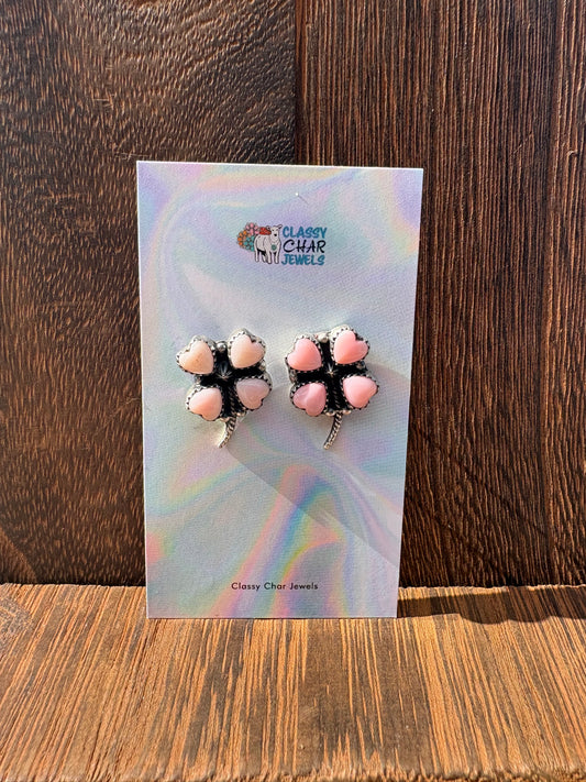 Pink Conch Clover Heart Earrings