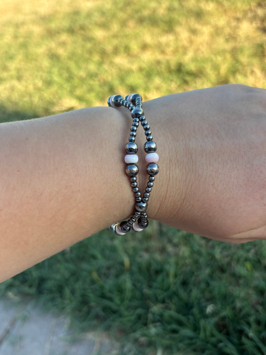 6”-8” Double Strand Pink Conch & Sterling Pearl Clasp Bracelet