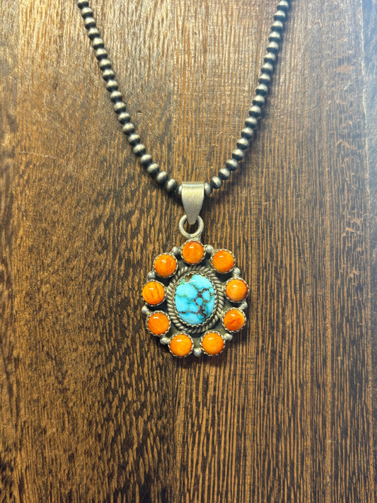 Orange Spiny & Spider Web Kingman Cluster Pendant