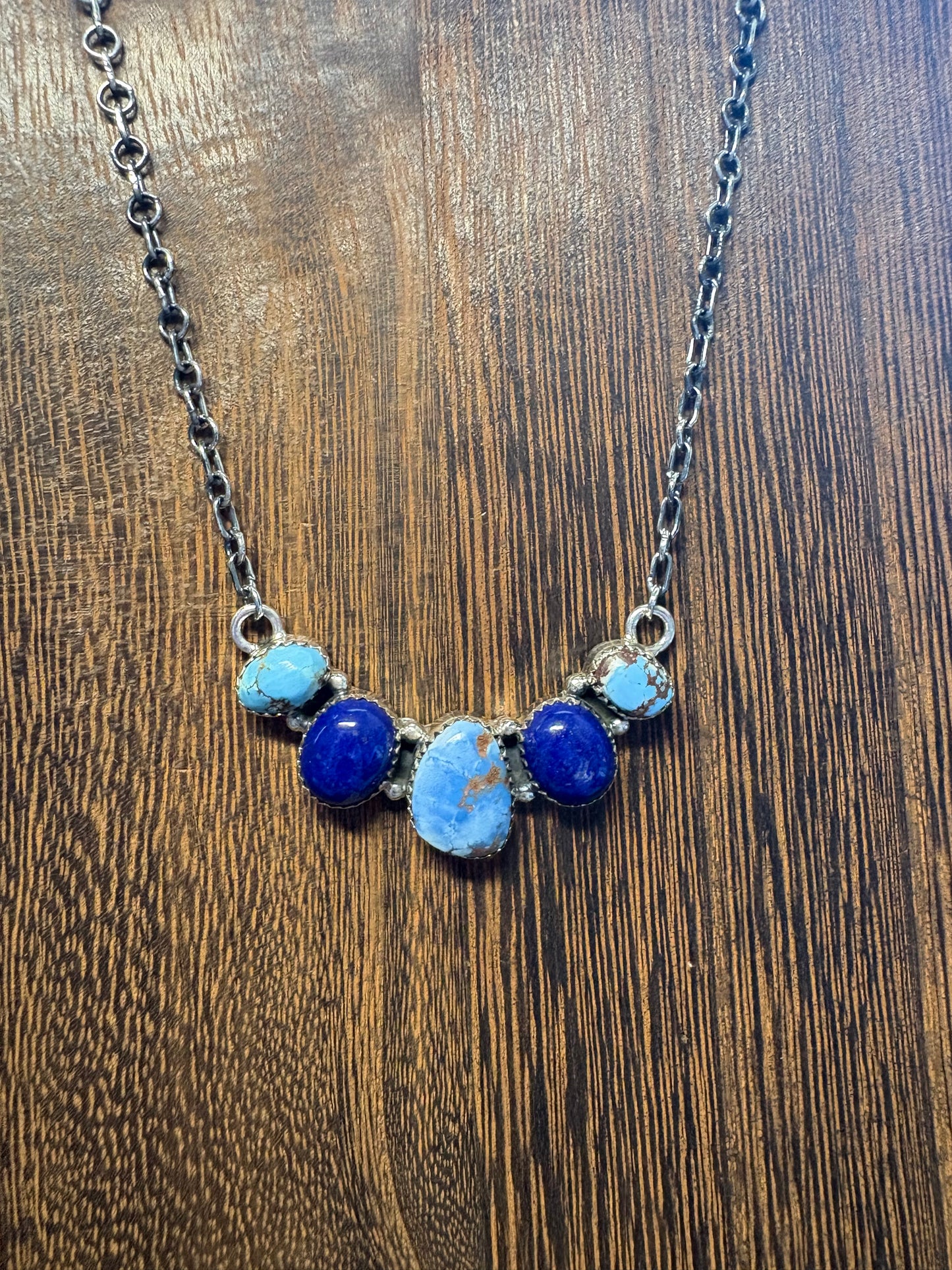 Golden Hills & Blue Lapis 5 Stone Bar Necklace