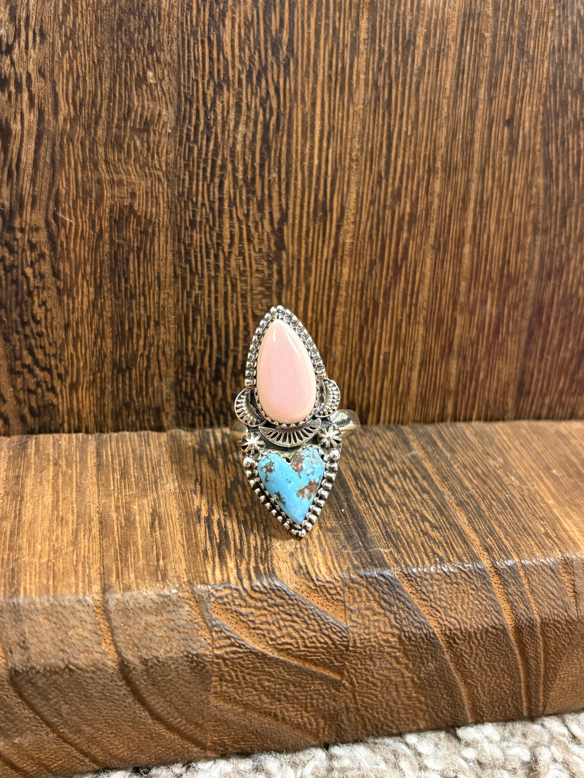 Pink Conch & Golden Hills Heart 2 Stone Ring