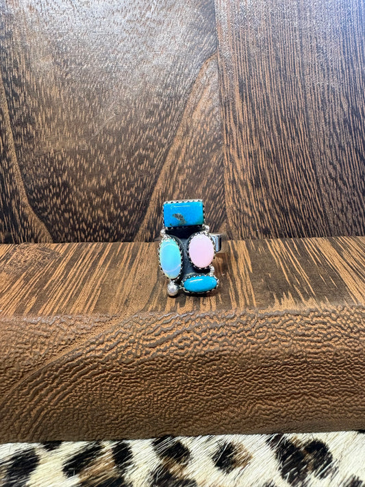 Pink Conch, Kingman, & Opal Mix Stone Cluster Ring