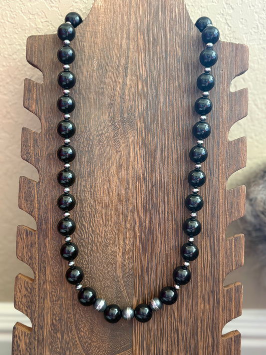 24” + 2” 12mm Black Onyx w/ 4mm & 10mm Sterling Pearls