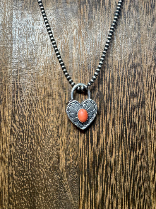 Navajo Handmade Coral Heart Locket Pendant